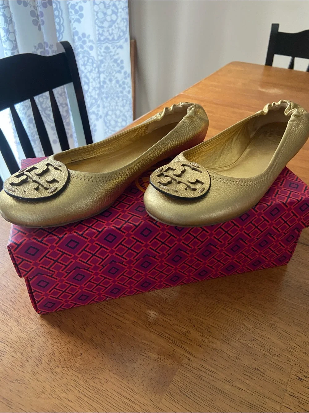 Tory Burch Metallic Gold leather Logo Ballet Flats